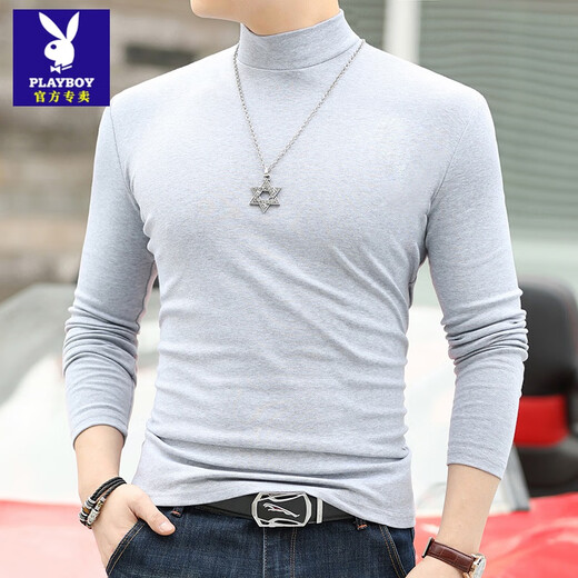 Playboy (PLAYBOY) new autumn and winter solid color slim-fitting bottoming shirt men's high-end white T-shirt soft and skin-friendly long-sleeved half-high collar autumn top white L