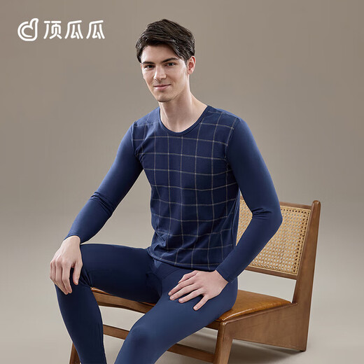 Dingguaguadingguagua autumn clothes and long johns men's cotton plaid business men's thin underwear set greenish brown 180