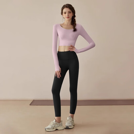 Youyou Yoga Wear Women's New Autumn and Winter Shockproof Breathable Outdoor Sports Long-Sleeved Pilates Training Wear 34015 Violet + Black Yoga Pants Chest Pad XL (Recommended Weight 130-145 Jin Jin equals 0.5 kg)