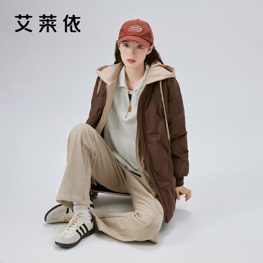 Ai Lai down jacket women's fake two-piece short hooded loose fashion warm baseball jacket honey tea brown 165