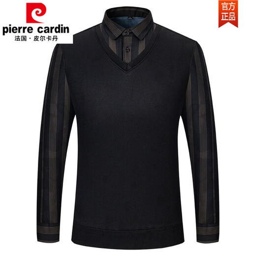 Pierre cardin autumn and winter new warm fake two-piece knitted shirt men's long-sleeved plus velvet thickened pullover casual and fashionable men's shirt 6628 XXL