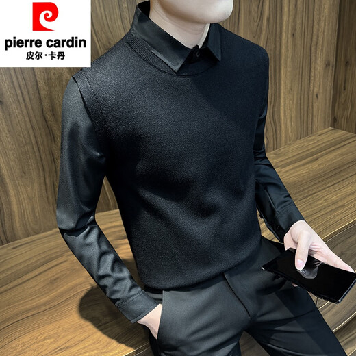 皮尔卡丹（pierre cardin）假两件毛衣男士秋季2025新款秋装上衣男装高级感针织衫外套 深灰色(常规款) XL