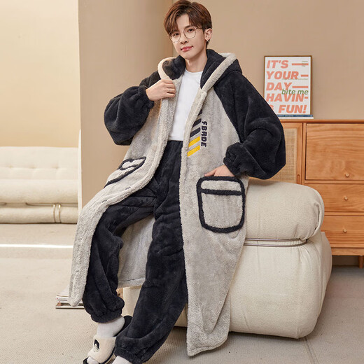 Siqiniao Autumn and Winter Coral Velvet Pajamas Men's Pajamas Large Size Loose Long Bathrobe Men's Winter Flannel Home Clothes Youth 3218# Robe + Pajamas XL (Recommended 130-155 Jin Jin equals 0.5 kg / Height 170-175)