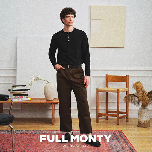 FULL MONTY Henry collar T-shirt black men's pure cotton casual versatile long-sleeved business bottoming shirt 2024 spring and autumn black 7745 M