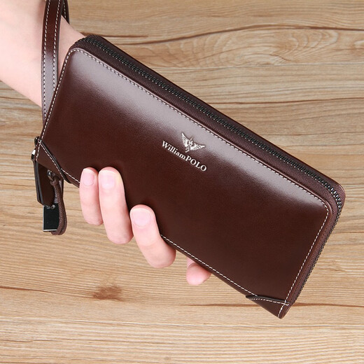 
British Paul genuine leather wallet men's long zipper wallet high-end men's card bag multi-function handbag birthday gift for men to give to boyfriend brown - counter gift box - removable wrist strap