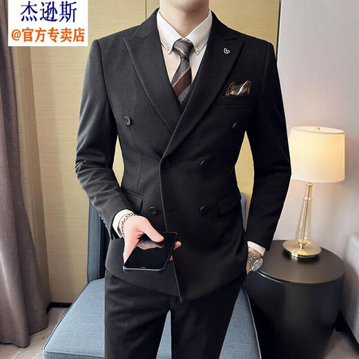 Jason's high-end woolen suit jacket men's autumn and winter business formal double-breasted casual suit suit Korean version slim black (suit + vest + pants) 3XL (150-165Jin Jin equals 0.5kg)