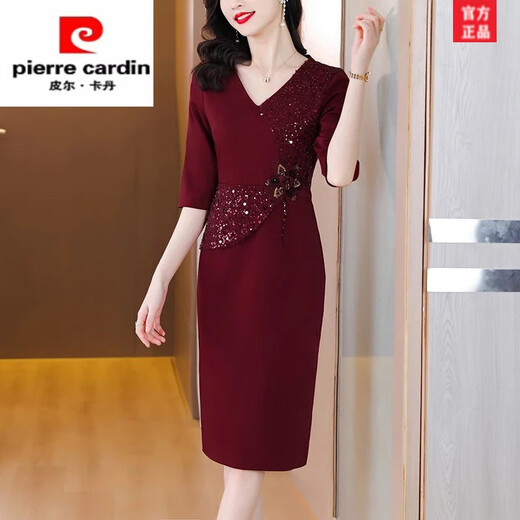 皮尔卡丹高端喜婆婆婚宴装晚礼服裙高贵年轻小个子妈妈婚礼服时尚洋气夏季 酒红色 L