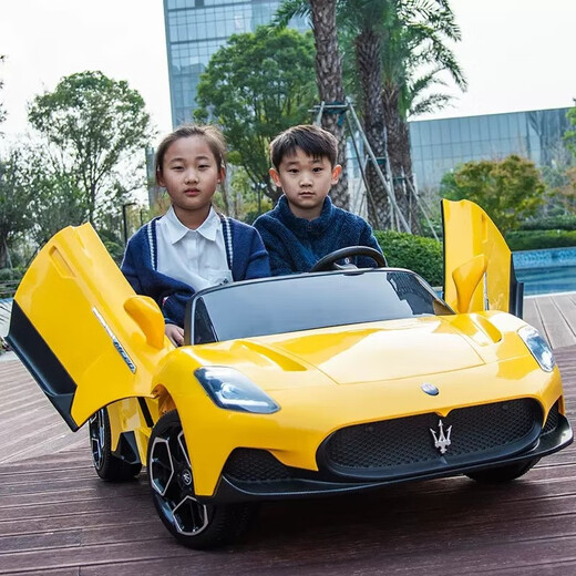 Yijing Maserati two-seat baby electric car four-wheel remote control swing car can sit adults and children baby toys four-wheel drive white + soft wheels + 12V14 battery leather seat + remote control