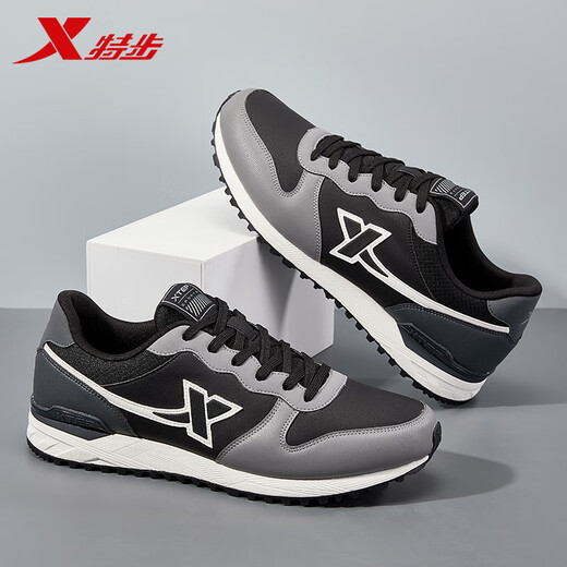 XTEP-Herrenschuhe, Sportschuhe, Herbst-Lederschuhe, Laufschuhe, nicht rutschfeste Kear-resistente Netzschuhe, lässige Jogging-Schuhe, Herrenschwarz/Rauchgrau/Holzkohle Ash-722 43 43