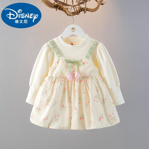 
Disney girls' dress long-sleeved autumn fake strap skirt 2025 autumn new children's clothing baby girl floral princess dress pink 80cm