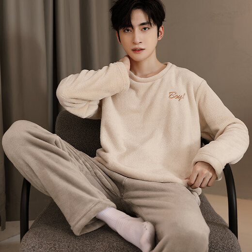 Nanjiren Men's Pajamas Men's Autumn and Winter Plus Velvet Flannel Pullover Can Be Weared Outside Home Clothes Set Embroidered Rice XL