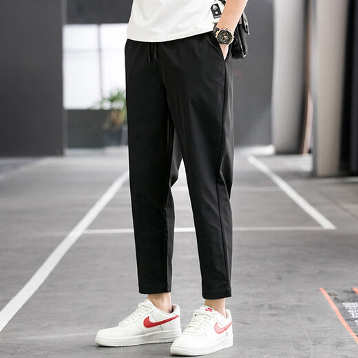 Qiao Kejie men's wear anti-wrinkle casual trendy drape small feet easy to wear versatile slimming loose sports nine-point pants thin summer black L