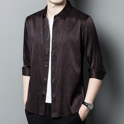 Elison mulberry silk printed middle-aged and elderly men's high-end light luxury casual dad wear long-sleeved silk satin autumn and winter new style red 2XL/185