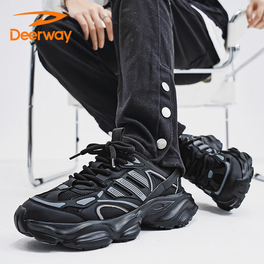 德尔惠（DEERWAY）老爹鞋男鞋2025夏季鞋子男士休闲透气厚底增高网面运动鞋曜石黑41