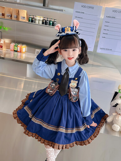 ABCND Judy Rabbit Police Officer COS Clothes Girls Lolita Princess Dress Children's Puffy Birthday Dress Spring and Autumn Long Dress + Shorts + Tie 120 (recommended height 105-115 cm)