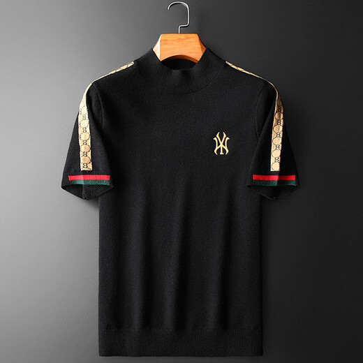 Mr. Guan short-sleeved sweater for men with half-high neck embroidered short-sleeved sweater for autumn and winter thickened half-sleeved sweater for men with middle-neck base shirt 9195 black L/175/50