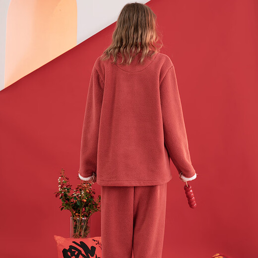 Fenton Pajamas Women's Autumn and Winter Coral Velvet Thickened Stand-up Collar Long Sleeve Imitation Sherpa Festive Chinese Pajamas Home Clothing New Year Maple Leaf Red XL