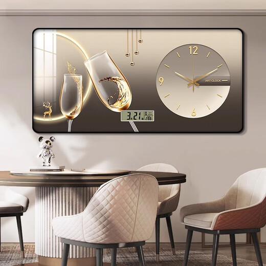 Mo style restaurant decorative painting with clock perpetual calendar electronic clock hanging painting living room home fashion calendar watch clock mural Golden Deer Lucky 120*60cm crystal porcelain
