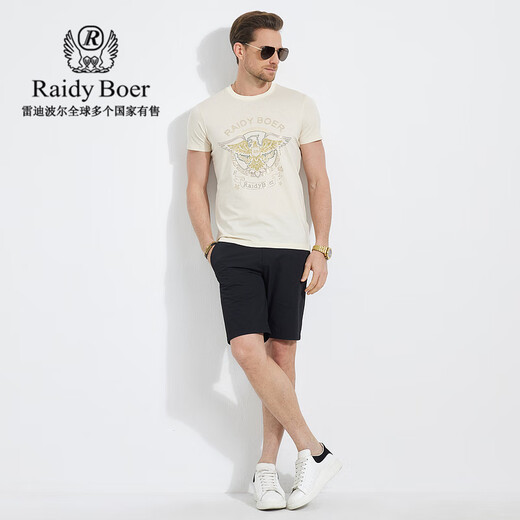 Raidy Boer/雷迪波尔【抗勾丝】夏季男装烫钻双头鹰短袖T恤7039 米白 175/50/L