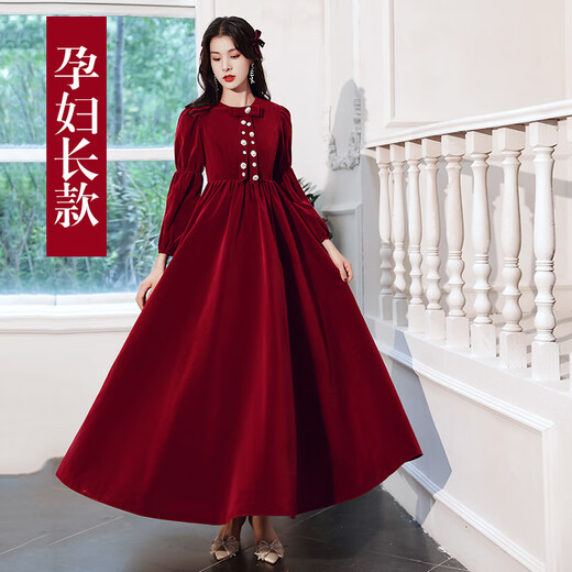 Yingwuyue wedding clothes for women's bride dress for winter pregnant women toast dress for women long sleeves thickened WX149 burgundy pregnant women long style XS