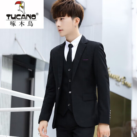 Woodpecker Youth Suit Suit Men's Slim Small Suit Student Suit Three-piece Wedding Formal Wear Trendy Groomsmen Group Suit 201 Black Suit+Pants+Vest+Shirt+Tie Belt 2XL Pants 33 Suitable for 136/145Jin Jin is equal to 0.5 kg