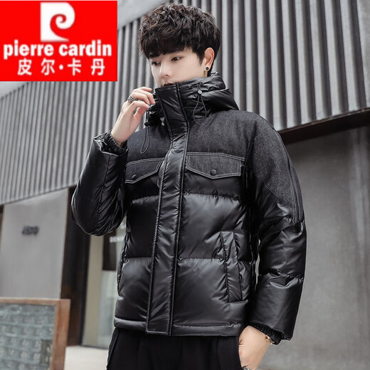 
Pierre cardin down jacket men's hooded winter new trendy brand short handsome denim spliced ​​winter warmth thickened stand collar jacket Y-838 hat black M 105-120Jin [Jin equals 0.5 kg]