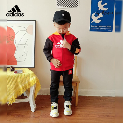 Adidas Adidas official website children's clothing new spring style boys and girls hooded children's casual New Year's greeting suit red 98 size recommended height around 100