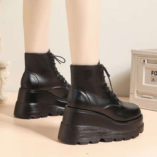 Qisiman Heel Cos erhöhte Schuhe 20 cm Schwamm Kuchen Sohle Martin Boots Herbst und Winter Britische Stiefel Kurzstiefel Frauen Kurzstiefel hohe Sohle schwarz [10 cm Höhe] 38