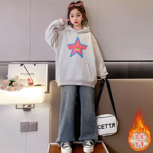 Xinyu girls' sweatshirts, velvet and thickening, new autumn and winter children's bottoming shirts, middle-aged and older girls' caring shirts, Korean style loose tops, beige size 160, recommended height 145-155cm