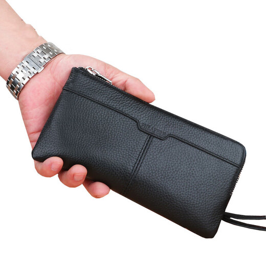 Kuqidaishu Billetera para hombres Long Zipper Real Cowhide Plazo para hombres Bolso de teléfono móvil de cuero suave Summer multifunción Bolso de embrague de hombres de moda negro (tamaño: 20*10)