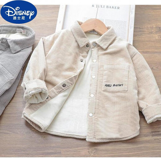 Disney (Disney) boys' shirt thickened corduroy top 2024 new children's clothing children's long-sleeved shirt Korean style trendy boys' jacket plus velvet gray 140 140cm