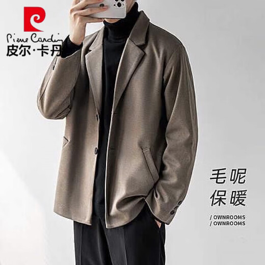 Pierre Cardin (Pierre Cardin) autumn and winter woolen blazer men's high-end light mature style suit thickened woolen coat Korean style casual suit brown woolen + black sweater + plush velvet trousers three 2XL