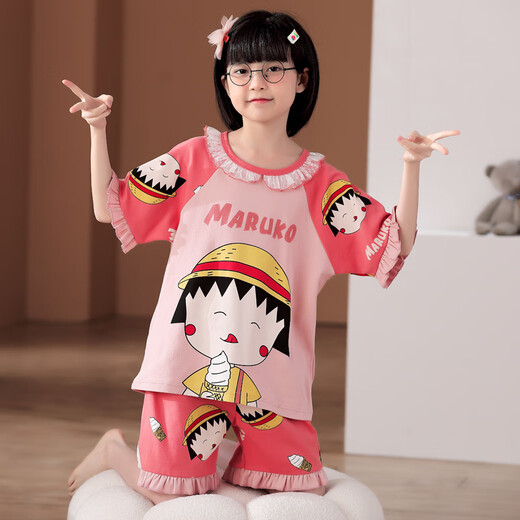 Manido Summer Children's Kulomi Pajamas Thin Cartoon Set Little Girl Pure Cotton Short Sleeve Girls Home Cotton M6636 Women [Double Short] 140cm 16 size recommended 135-145cm