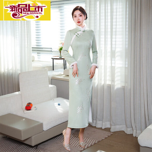 Initial diameter plus velvet and thickened cheongsam 2025 new autumn and winter young style improved retro long-sleeved long style women's pink warm pink velvet and thickened M 85-100Jin Jin equals 0.5 kg