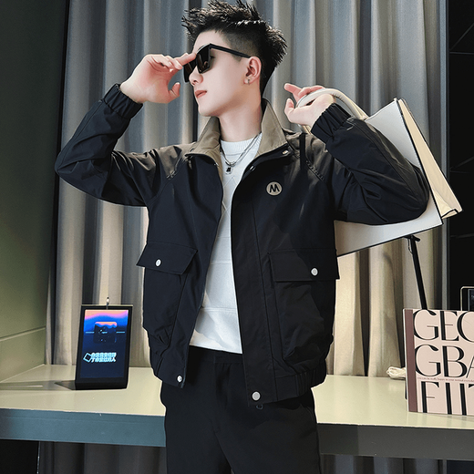 Jacket Men's Spring and Autumn New Casual Fashion Short Stand Collar Jacket Retro Workwear Trendy Brand Tops Black L