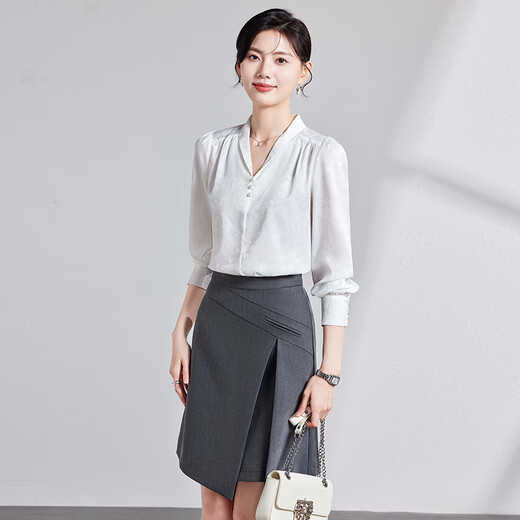 特洛曼白色衬衫女长袖V领气质休闲高级感百搭OL通勤职业女士衬衣