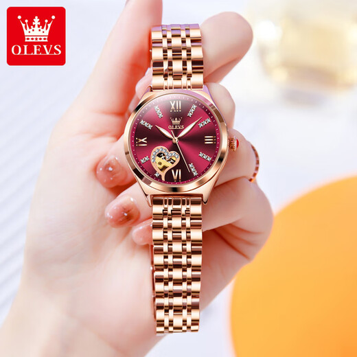Olevs Watch Watch Women's Mechanical Watch Vollautomatisch Hollow Damen Wath Wine Red Belt Fashion Diamond Holmhoch wasserdichte Frauenwache 6636 Stahlgürtel Rose rot [exquisite Verpackung]