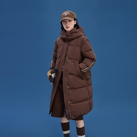 Ai Lai mid-length down jacket women's casual hooded Korean style duck down over-the-knee winter coat honey tea brown 155