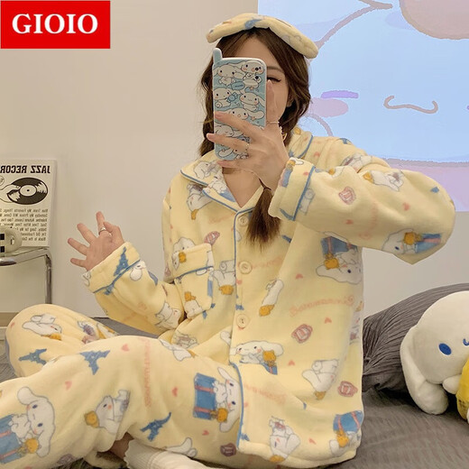 GIOIO Sanrio Jade Gui Dog Plus Fleece Thickened Coral Velvet Pajamas Women's Fall and Winter New Flannel Home Clothing Set zd-761#Katie Cat with Eyebrow M