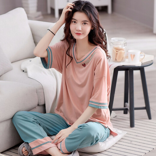 芊之雅（QIANZHIYA）新款睡衣女生夏季纯棉短袖薄款休闲宽松长裤可出门居家服夏天套装 YDC-7371# 女M/160