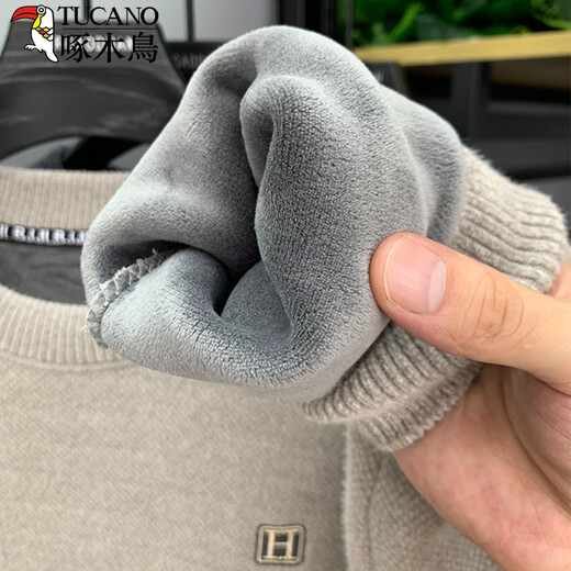 啄木鸟高级感圆领毛衣男秋冬季加绒加厚一体绒保暖打底衫套头针织衫衣服 深灰色【加绒加厚】 4XL【建议160-180斤】