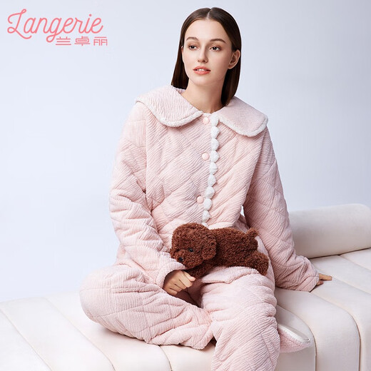 Landroli Couple's Wear, Home Clothes Upper and Lower Sets, Protective Warm Clothes, Men's and Women's Coral Fleece Pajamas, Autumn and Winter, Apricot Pink, Women's M (160) Women's