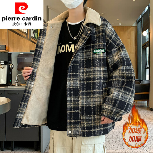 皮尔卡丹（PIERRE CARDIN）加绒格子毛呢外套男士秋冬款翻领呢子夹克潮牌加厚羊羔绒棉衣 9922红格【加棉】 3XL 160-175斤