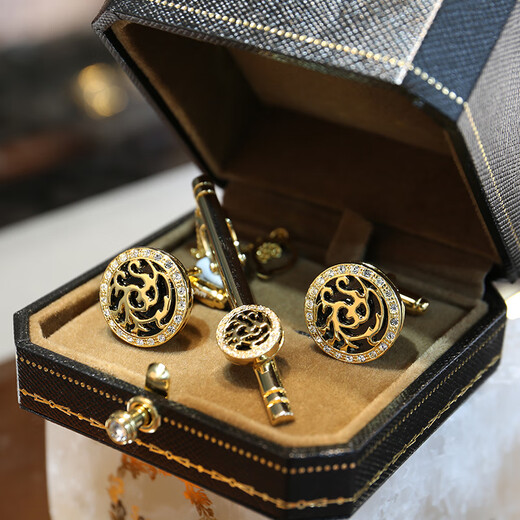URBAN TAKE<Long Teng> Cufflinks Men's Light Luxury Suit French Shirt Wedding Groom Customized Fashion Cuff Buttons Cuff Pins Golden Dragon Cuff Buttons + Tie Clip Gift Box