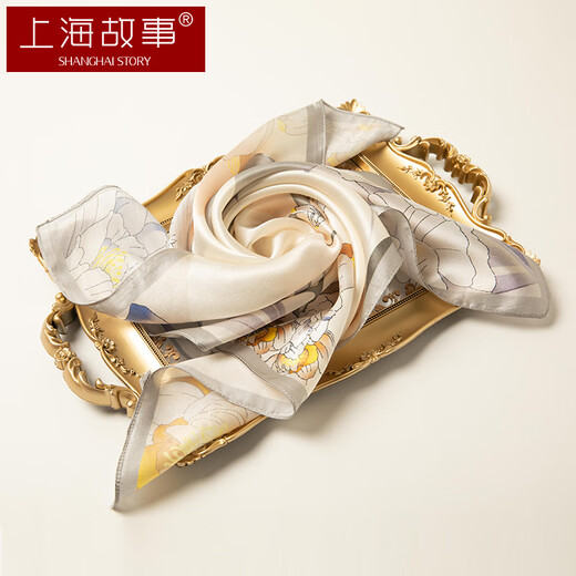 
Shanghai Story Silk Scarf Women's 100% Mulberry Silk Satin Small Square Scarf Gifts for Mom Birthday Scarf Gift Box Peony Rice Grey