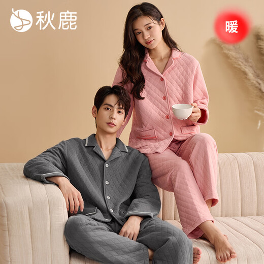 Qiulu Couple Pajamas Women's Winter Three-Layer Thickened Silk Cotton Diamond Check Long Sleeve Men's Home Clothes Set Diamond Check Bean Paste Powder L (Female 105-125 Jin Jin equals 0.5 kg / Male 115-145 Jin Jin equals 0.5 kg)