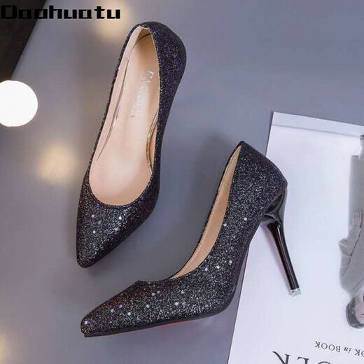 Daohuatu size 35-45 large size high-heeled shoes 44 sequin single shoes reverse channeling men's transvestite shoes 43 stiletto heel big-foot women's shoes 42 105 suede black 10 cm 45