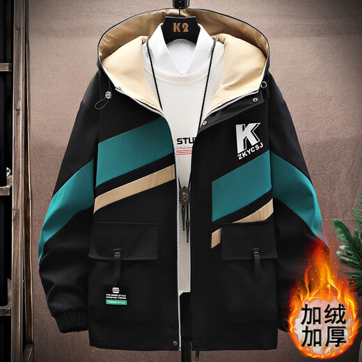 Buxi Kaiden College Student Plus Fleece Jacket Men Thickened Jacket Men Spring and Autumn and Winter Teen Handsome 2024 New Fashion Men's Clothing [Set] 6692 Black Gray + Pants Plus Fleece Thickened 2XL 135-150Jin [Jin equals 0.5 kg]