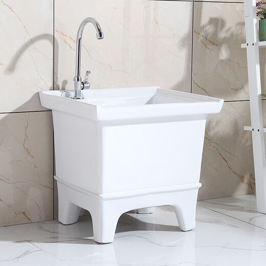 Mop pool ceramic balcony washing mop pool household mop pool bathroom small and large mop basin with high curved faucet 35 cm straight leg type manual drain