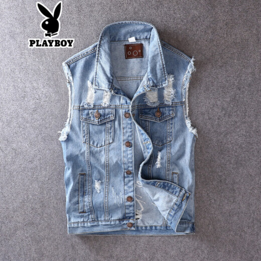 Playboy flagship official store spring, summer and autumn Korean style slim fit light blue ripped and handsome men's denim vest embroidered sleeveless jacket waistcoat trendy blue XXL